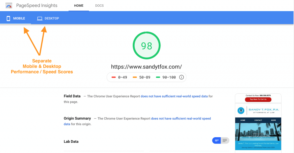 Image of mobile device test results for google page speed insights