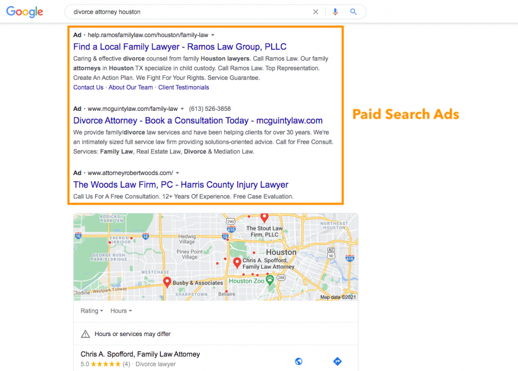 Google search ads for Divorce Attorney Houston